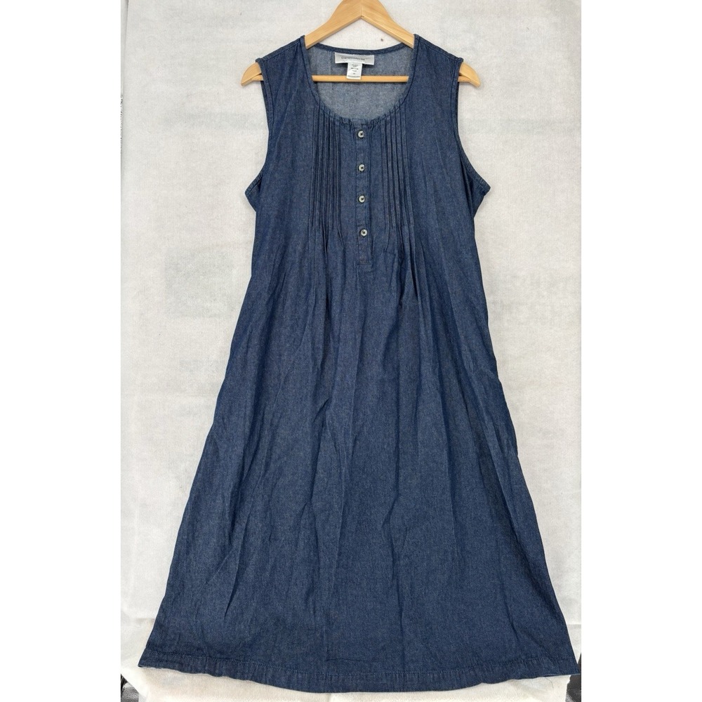 Denim Moves Pintucked Denim Shift Dress W/Belt Womens L Button Front